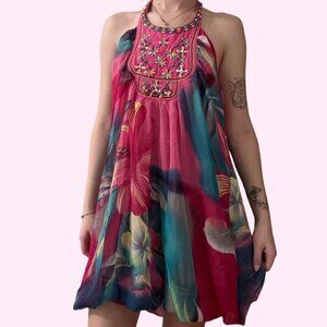 Vintage Liuce's Hawaiian Pink Floral Beaded Summer Halter Dress Size M